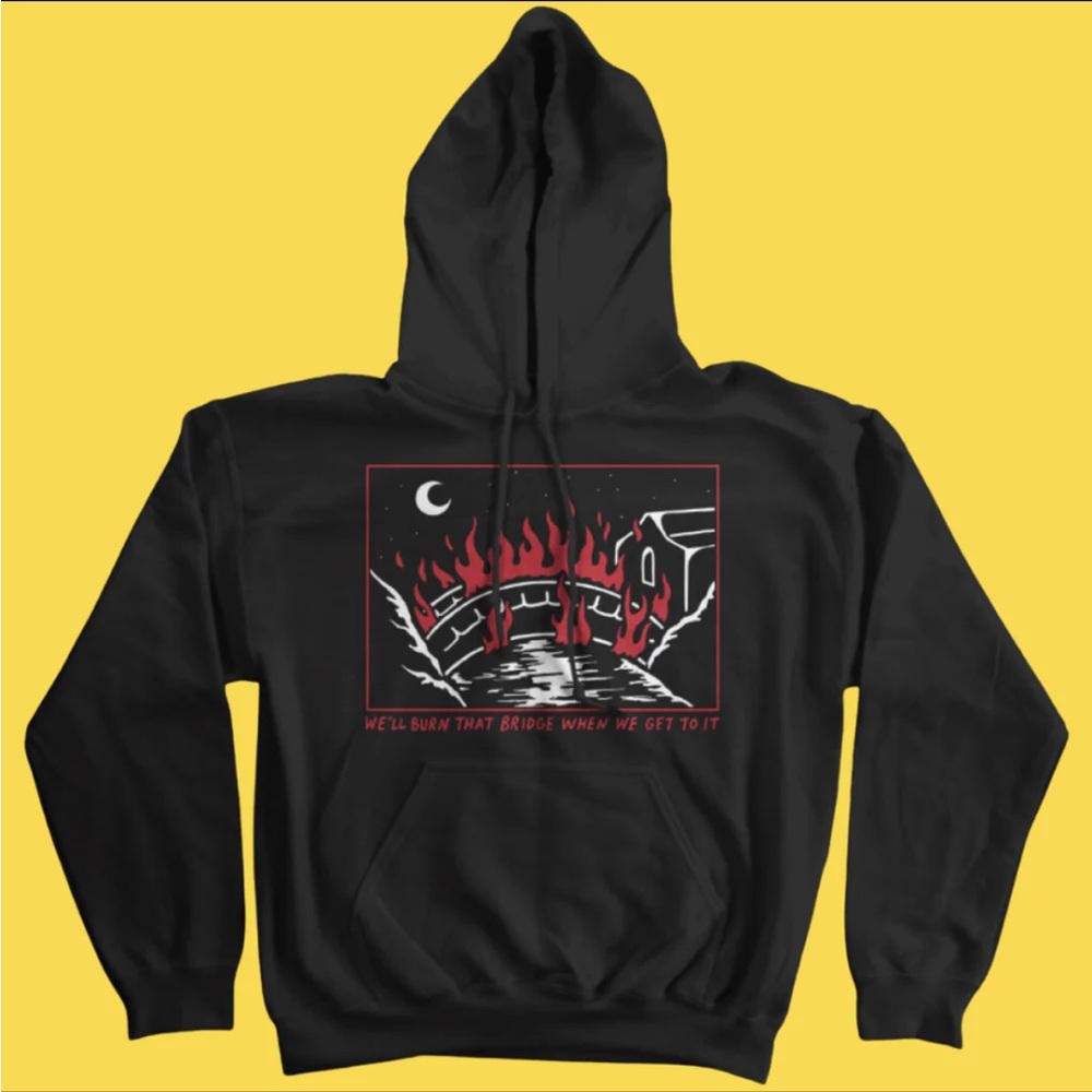 Burning Bridges Graphic Black and Red Hooded Sweatshirt